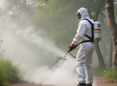 Outdoor scene showing fumacê being applied in a commercial area to control mosquitoes.