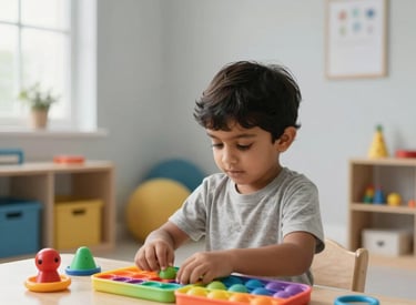 A South Asian child playing with colorful sensory integration tools in a bright, modern therapy room in Hyderabad, soft daylight, professional and warm environment with light gray walls.