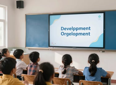 A bright, modern interior of a rural classroom in South Asia. A group of school-aged children are looking enthusiastically at a large screen during a digital lesson. The room is clean with white walls and medium blue accents. Soft, warm daylight illuminates the scene, highlighting the trust and modern development focus of the organization.