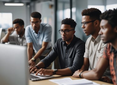 A professional team collaborating in a modern office with bold orange and blue accents.