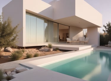 Minimalist pastel-toned residential building facade with clean lines and subtle shadows.