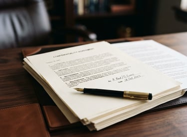Close-up of legal documents on a dark wood desk, with a subtle brass pen, soft natural side-lighting, rich deep tones, shallow depth of field, 35mm