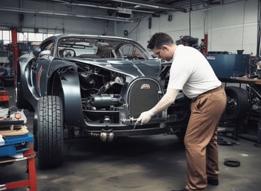 A bustling automotive shop filled with mechanics working diligently on various vehicles using advanced equipment.