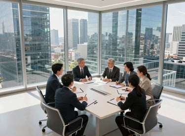 Business team discussing industry trends and market insights in a corporate meeting