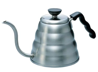 Stainless steel gooseneck kettle with ergonomic handle for pour over coffee brewing.