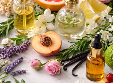 esencias naturales de frutas y plantas sobre una mesa con frascos de vidrio