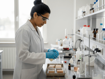 A scientist in a white lab coat pouring liquid into molds for handmade soap production.