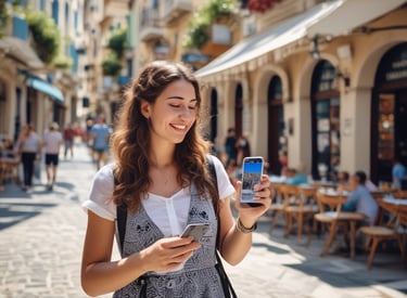 A friendly Airbnb host handing a guest a card with a QR code against a sunny Greek village backdrop.