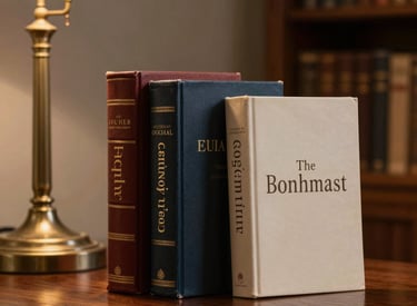 A collection of three hardcover books with elegant typography on a mahogany table, a brass lamp illuminating the scene in a South Asian home library, sophisticated and warm mood.