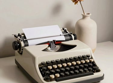 Still life of an old typewriter and a simple ceramic vase with a single dried flower, off-white and charcoal tones, elegant shadows, South American / Spanish home office setting, editorial style.