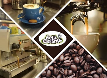 a coffee machine with coffee beans and coffee beans cafetería Delicream’s Coffee