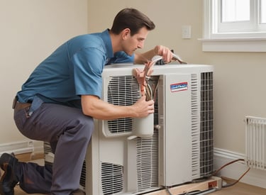 a man in blue overalls working on cement
