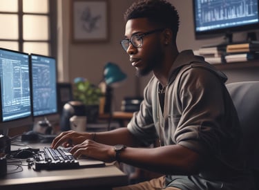 A creative workspace with a laptop displaying a website design and colorful sketches around.