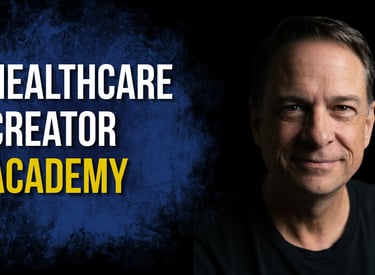Portrait of a man next to Healthcare Creator Academy text on a blue background.
