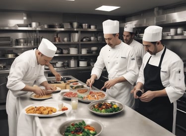 A consultant observing kitchen staff in action during a busy service.