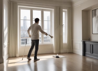 A skilled team member painting the exterior of a residential building on a sunny day.