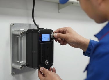 Technician installing a Centurion gate motor on a residential driveway gate.
