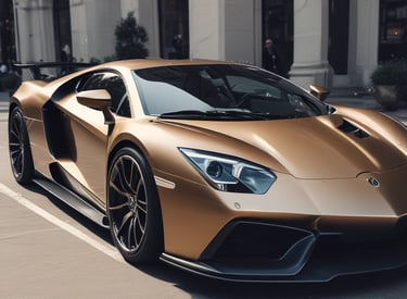 A sleek, shiny exotic sports car parked under soft lighting.