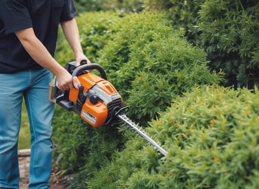 A gardener carefully trimming vibrant green shrubs in a sunlit garden.