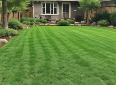 Freshly installed sod lawn in a backyard landscape next to a stone patio and garden hose.