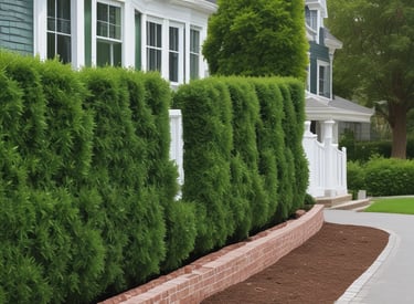 Professional landscapers installing a green privacy hedge and garden path alongside a modern white house.