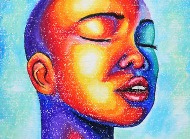 Vibrant colorful oil pastel portrait of an african woman with closed eyes in a vibrant art style.