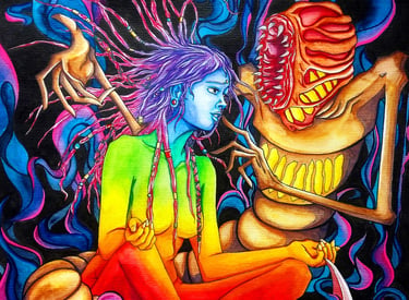 Surreal psychedelic art featuring a meditating figure and a monstrous entity with glowing elements.