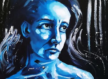 A monochromatic blue acrylic painting of a woman with a melancholic expression on a black background.