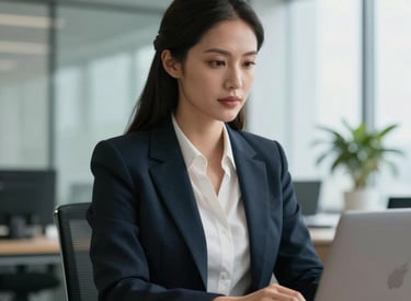 A professional female executive in business attire working in a modern, light-filled office in Florida, looking focused and confident, North American / US.