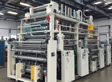 Brightly lit factory floor with machines producing plastic bags.