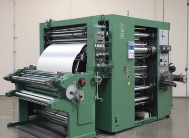 Close-up of a printing press applying vibrant designs on film sheets.