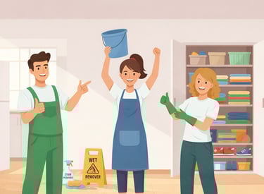 Equipo de limpieza celebrando juntos en una habitación limpia.