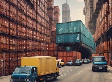 A bright, modern delivery truck driving through Dubai's cityscape at sunset.