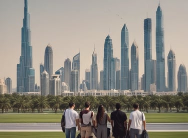 Students studying together on a modern university campus in Dubai under clear blue skies.