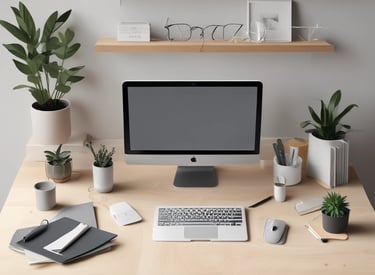 Modern desk setup with sleek organizers and tech gadgets neatly arranged.
