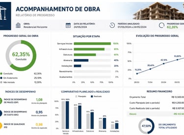 Construction progress report dashboard showing charts, performance indices, and project evolution metrics.