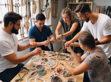 Close-up of hands weaving natural stone macramé jewelry in a cozy workshop setting.