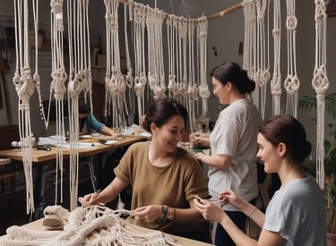 Artisan carefully knotting intricate macramé patterns with natural stones in a sunlit studio.