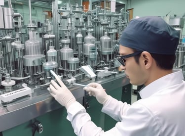 Photo of a clean, modern pharmaceutical production line with workers in protective gear.