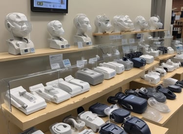 Close-up of various respiratory devices displayed neatly on a table.