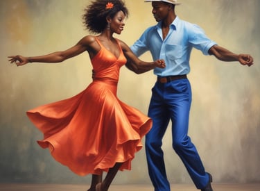 A passionate Latin dance couple performing a salsa move on a wooden floor