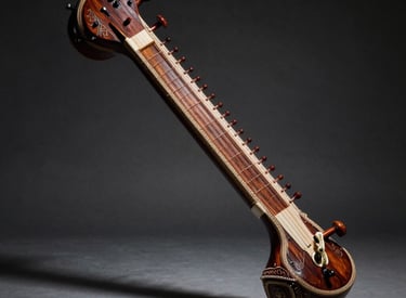 A beautifully lit Sitar resting on a minimalist stand in a dark, luxury studio room, shadows emphasizing the intricate woodwork, South Asian / Indian cultural aesthetic, high-end photography.