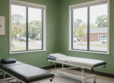 An interior shot of a clean and modern North American / US community wellness center, with leaf green walls and large windows, exuding a sense of tranquility and professional medical care.