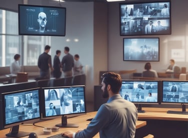 Office building lobby with visible CCTV cameras and cloud storage icons.