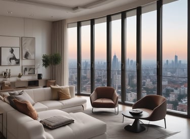 Happy clients signing a contract in a bright real estate office.