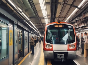A busy metro train arriving at a modern station during rush hour.