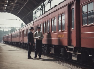 Railway staff coordinating schedules next to a light rail vehicle at a depot.