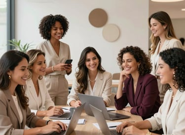 A diverse group of Brazilian women entrepreneurs collaborating in a bright, modern workspace.