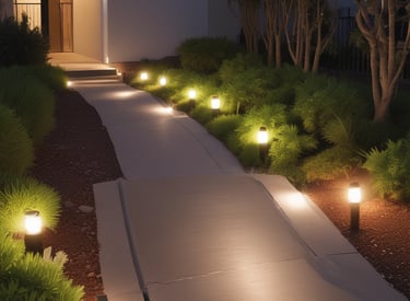 Outdoor garden path lined with subtle, elegant pathway lights.