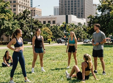A diverse group of people engaging in gentle resistance training exercises in a bright, welcoming gym space.